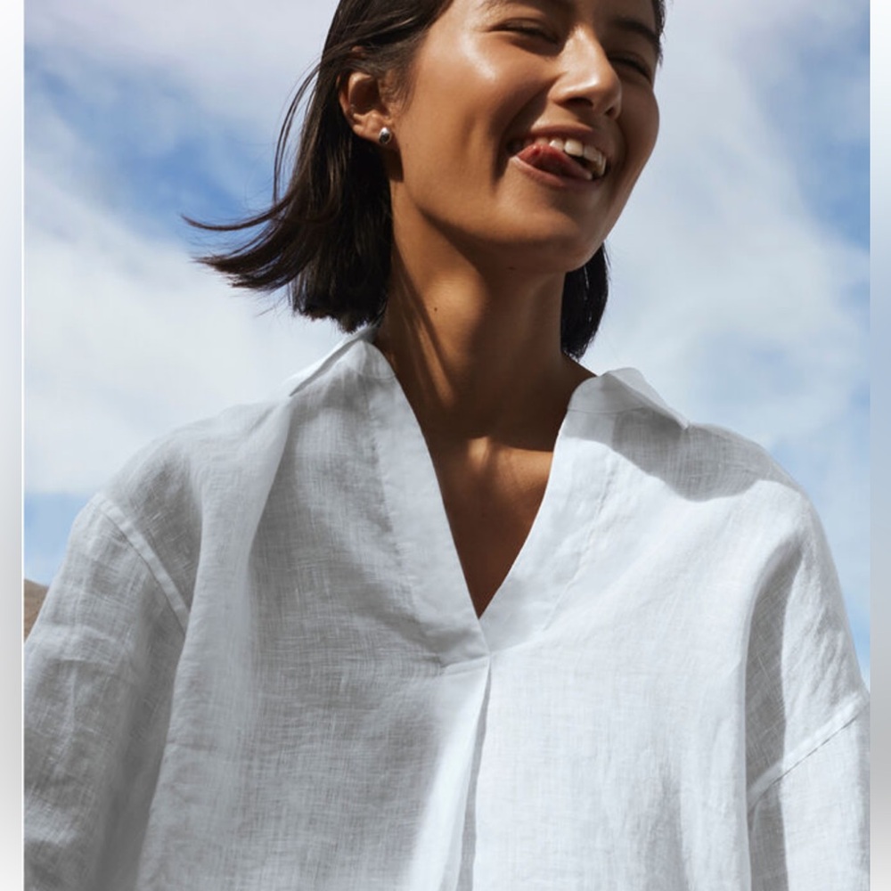 Uniqlo WOMAN 100% Premium Linen 3/4-Sleeve popover Vneck Shirt M white